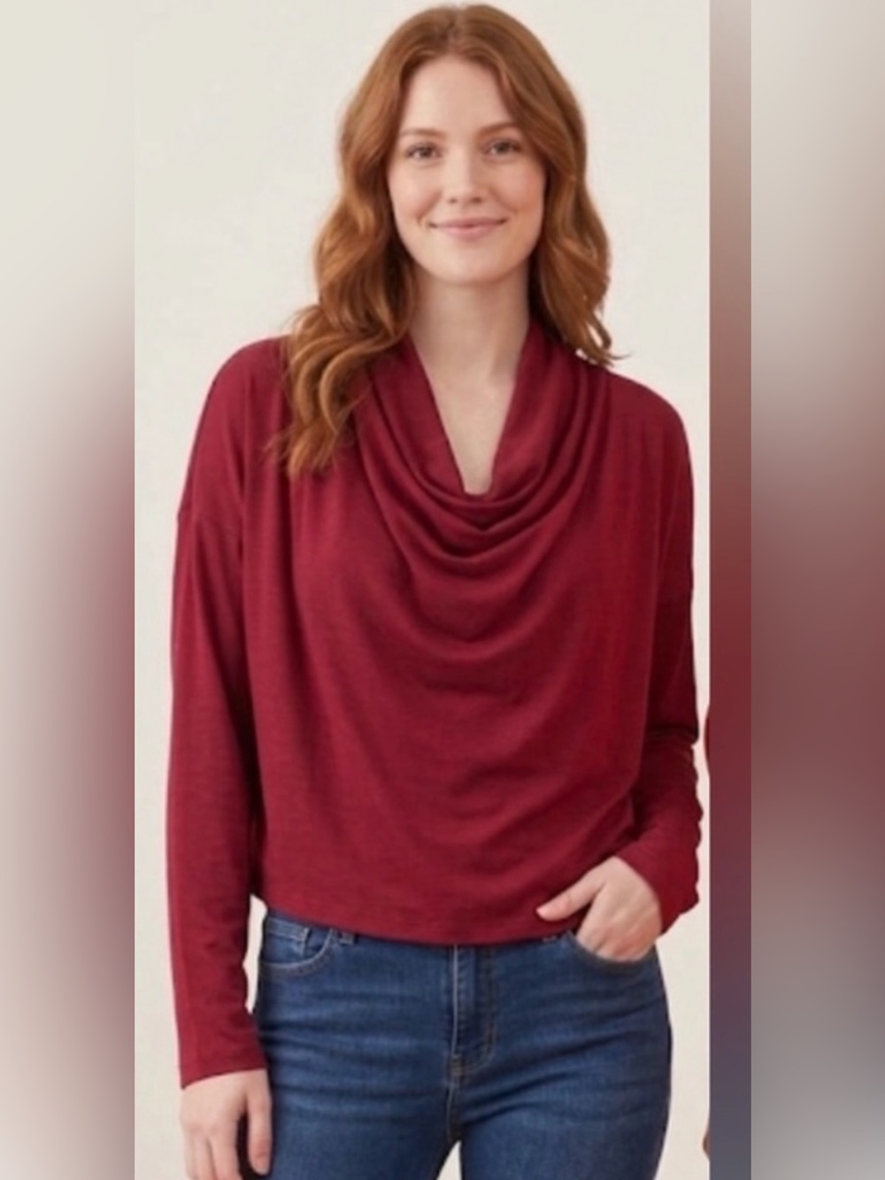 HALARA Draped Neck Long Sleeve Top with built in bra Wine Red oversized med